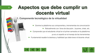 1. Componente tecnológico de la virtualidad
 Domine la plataforma sus componentes y herramientas de comunicación
 Retroalimente con: foros de discusión , buzones, chats, etc.
 Comprender que el estudiante virtual en el primer semestre en la plataforma
ya es un experto en el manejo de las herramientas
 Fundamental resaltar la destreza y habilidad que debe tener el docente virtual.
5
 