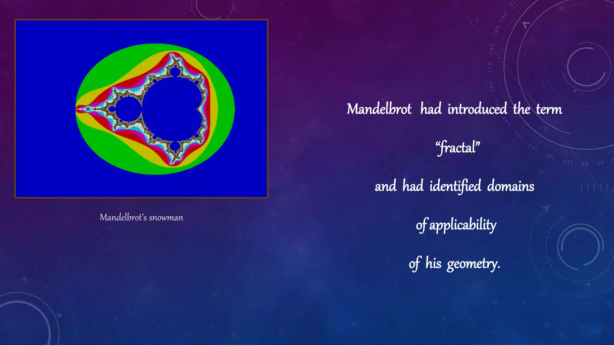 Mandelbrot had introduced the term
“fractal”
and had identified domains
of applicability
of his geometry.
Mandelbrot’s snowman
 