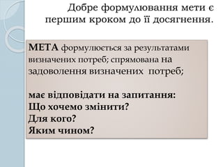 МЕТА формулюється за результатами
визначених потреб; спрямована на
задоволення визначених потреб;
має відповідати на запитання:
Що хочемо змінити?
Для кого?
Яким чином?
Добре формулювання мети є
першим кроком до її досягнення.
 