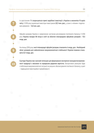 Профіль зовнішньоекономічної діяльності України 2008-2016 рр. 22
Із зростанням ПІІ скорочуються прямі зарубіжні інвестиції з України в економіки 15 країн
світу. У 2016 році українські інвестори інвестували 20,7 млн. дол., у зони з «м’яким» податко-
вим режимом - 14,8 млн. дол.
Офіційні резерви України є невід’ємною частиною регулювання платіжного балансу. У 2016
році Україна посідає 68 місце в світі за обсягом міжнародних офіційних резервів – 15,5
млрд. дол.
На кінець 2016 року чисті міжнародні офіційні резерви становлять 4 млрд. дол.. Необхідний
обсяг резервів для забезпечення макроекономічної стабільності України повинен стано-
вити 23,7 млрд. дол.
Сьогодні Україна має значний потенціал для формування експортної конкурентоспромож-
ності продукції з високою та середньою доданою вартістю. Ланцюговою реакцією буде
стабілізація макроекономічної ситуації за рахунок збалансування платіжного балансу, а далі
- підвищення інвестиційної привабливості.
7
8
9
10
 
