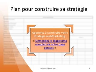 Plan pour construire sa stratégie
www.vbe-creation.com 6
Apprenez à construire votre
stratégie webMarketing:
« Demandez le diaporama
complet via notre page
contact »
 