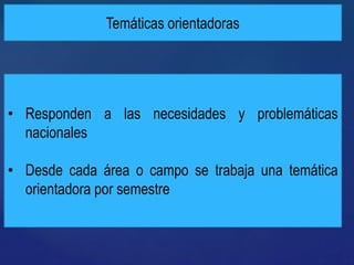 Temáticas orientadoras
• Responden a las necesidades y problemáticas
nacionales
• Desde cada área o campo se trabaja una temática
orientadora por semestre
 