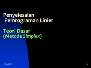 3/30/2017 1
Penyelesaian
Pemrograman Linier
Teori Dasar
(Metode Simplex)
 