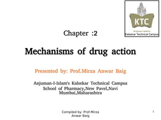 Compiled by: Prof.Mirza
Anwar Baig
Chapter :2Chapter :2
Mechanisms of drug actionMechanisms of drug action
Presented by: Prof.Mirza Anwar BaigPresented by: Prof.Mirza Anwar Baig
Anjuman-I-Islam's Kalsekar Technical CampusAnjuman-I-Islam's Kalsekar Technical Campus
School of Pharmacy,New Pavel,NaviSchool of Pharmacy,New Pavel,Navi
Mumbai,MaharashtraMumbai,Maharashtra
11
 