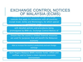 EXCHANGE CONTROL NOTICES
OF MALAYSIA (ECMS)
Malaysia implements selective foreign exchange
controls that apply to transactions with all countries
except Israel, Serbia and Montenegro, for which special
restrictions apply.
Implemented under the Exchange Control Act 1953,
with detailed policies and procedures being
promulgated by BNM via Exchange Control Notices of
Malaysia (ECMs)
Ensure that the country’s limited financial resources
are used for purposes that will benefit the Malaysian
economy
Able to increase the country’s productivity and earn foreign
exchange
Bank Negara Malaysia (BNM) monitor funds’ inflow and
outflow, and to foster a more dynamic economic
environment
 