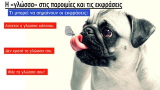 Λύνεται η γλώσσα κάποιου.
Δεν κρατά τη γλώσσα του.
Φάε τη γλώσσα σου!
Τι μπορεί να σημαίνουν οι εκφράσεις:
 