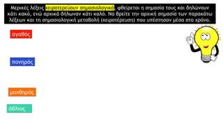 Μερικές λέξεις χειροτερεύουν σημασιολογικά, φθείρεται η σημασία τους και δηλώνουν
κάτι κακό, ενώ αρχικά δήλωναν κάτι καλό. Να βρείτε την αρχική σημασία των παρακάτω
λέξεων και τη σημασιολογική μεταβολή (χειροτέρευση) που υπέστησαν μέσα στο χρόνο.
αγαθός
πονηρός
μοχθηρός
άθλιος
 