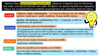 Μερικές λέξεις χειροτερεύουν σημασιολογικά, φθείρεται η σημασία τους και δηλώνουν
κάτι κακό, ενώ αρχικά δήλωναν κάτι καλό. Να βρείτε την αρχική σημασία των παρακάτω
λέξεων και τη σημασιολογική μεταβολή (χειροτέρευση) που υπέστησαν μέσα στο χρόνο.
αγαθός
πονηρός
μοχθηρός
άθλιος
ενάρετος, καλός, καλοκάγαθος: ~ και άκακος άνθρωπος που δεν έβλαψε
κανέναν. Αγαθή ψυχή. Αγαθές προθέσεις. Έχουμε αγαθές σχέσεις.
αφελής, απονήρευτος, ευκολόπιστος: Είναι ~ ο καημένος, κι όλοι τον
ξεγελούν και τον εξαπατούν
καταπονημένος, αυτός που έχει δεινοπαθήσει
που χρησιμοποιεί την όποια ευφυΐα διαθέτει στο να κάνει σκέψεις και να επινοεί τρόπους ή
τεχνάσματα που δεν περνούν από το μυαλό των άλλων, προκειμένου να πετύχει τους
σκοπούς του: H γυναίκα του, πονηρή και καπάτσα, κατάφερνε πάντα να γίνεται το δικό της.
Έπεσε θύμα πονηρών εμπόρων.
απατεώνας, παλιάνθρωπος
αυτός που έχει περάσει ταλαιπωρίες, που έχει κακοπάθει
αυτός που αγωνίζεται για το βραβείο, για το έπαθλο
που είναι πολύ κακός και επομένως δυσάρεστος: ~ άνθρωπος / χαρακτήρας / καιρός.
Άθλιες συνθήκες εργασίας.
 