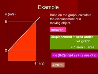 18
ExampleExample
v (m/s)
t(s)
2
4
8
Base on the graph, calculate
the displacement of a
moving object.
Answer
Displacement = Area under
v-t graph
= ∆ area + area
=½ (8-2)m/s(4 s) + (2 m/s)(4s)
= 20 m
 