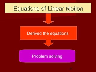 27
Equations of Linear MotionEquations of Linear Motion
Derived the equations
Problem solving
 