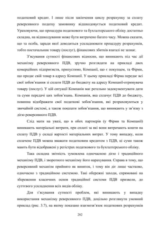 282
податковий кредит. І лише після закінчення циклу розрахунку за сплату
реверсивного податку замовнику відшкодовується податковий кредит.
Ураховуючи, що процедура податкового та бухгалтерського обліку достатньо
складна, на відшкодування може бути витрачено багато часу. Можна сказати,
що та особа, заради якої доводиться ускладнювати процедуру розрахунків,
тобто постачальник товару (послуг), фінансових збитків взагалі не зазнає.
З’ясування сутності фінансових відносин, що виникають під час дії
механізму реверсивного ПДВ, зручно розглядати на прикладі двох
комерційних підприємств, припустимо, Компанії, що є покупцем, та Фірми,
що продає свій товар в адресу Компанії. У цьому прикладі Фірма передає всі
свої зобов’язання зі сплати ПДВ до бюджету на адресу Компанії-отримувача
товару (послуг). У цій ситуації Компанія має ретельно задокументувати дати
та суми передачі цих зобов’язань. Компанія, яка сплачує ПДВ до бюджету,
повинна відображати свої податкові зобов’язання, які розраховуються у
звичайній системі, а також показати зобов’язання, що виникають у зв’язку з
дією реверсивного ПДВ.
Слід мати на увазі, що в обох партнерів (у Фірми та Компанії)
виникають матеріальні витрати, при сплаті за які вони витрачають кошти на
сплату ПДВ у складі вартості матеріальних витрат. У тому випадку, коли
сплачене ПДВ можна вважати податковим кредитом з ПДВ, ці суми також
мають бути відображені у регістрах податкового та бухгалтерського обліку.
Така складна звітність зумовлена одночасною дією і традиційного
механізму ПДВ, і зворотного механізму його нарахування. Справа в тому, що
реверсивний механізм прийнято як виняток, і тому він діє лише частково,
одночасно з традиційною системою. Такі обережні заходи, спрямовані на
збереження класичних основ традиційної системи ПДВ призвели, до
суттєвого ускладнення всіх видів обліку.
Для з’ясування сутності проблем, які виникають у випадку
використання механізму реверсивного ПДВ, доцільно розглянути умовний
приклад (рис. 3.7), на якому показано взаємозв’язок податкових розрахунків
 