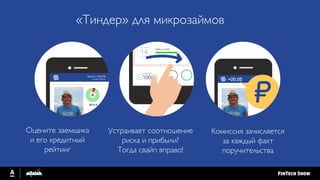 «Тиндер» для микрозаймов
Устраивает соотношение
риска и прибыли?
Тогда свайп вправо!
Оцените заемщика
и его кредитный
рейтинг
Комиссия зачисляется
за каждый факт
поручительства
 
