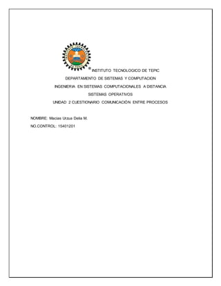 INSTITUTO TECNOLOGICO DE TEPIC
DEPARTAMENTO DE SISTEMAS Y COMPUTACION
INGENIERIA EN SISTEMAS COMPUTACIONALES A DISTANCIA
SISTEMAS OPERATIVOS
UNIDAD 2 CUESTIONARIO COMUNICACIÓN ENTRE PROCESOS
NOMBRE: Macias Urzua Delia M.
NO.CONTROL: 15401201
 
