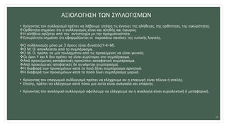 ΑΞΙΟΛΟΓΗΣΗ ΤΩΝ ΣΥΛΛΟΓΙΣΜΩΝ
• Κρίνοντας τον συλλογισμό πρέπει να λάβουμε υπόψη τις έννοιες της αλήθειας, της ορθότητας, της εγκυρότητας.
Ορθότητα σημαίνει ότι ο συλλογισμός είναι και αληθής και έγκυρος.
Η αλήθεια ορίζεται από την αντιστοιχία με την πραγματικότητα.
Εγκυρότητα σημαίνει ότι εφαρμόζονται οι παρακάτω κανόνες της τυπικής λογικής.
Ο συλλογισμός μόνο με 3 όρους είναι δυνατός(Υ-Κ-Μ).
Ο Μ. Ο. αποκλείεται από το συμπέρασμα.
Ο Μ. Ο. πρέπει σε μία τουλάχιστον από τις προκείμενες να είναι γενικός.
Οι όροι Υ και Κ δεν πρέπει να είναι ευρύτεροι στο συμπέρασμα.
Από προκείμενες καταφατικές προκύπτει καταφατικό συμπέρασμα.
Από προκείμενες αποφατικές δε συνάγεται συμπέρασμα.
Η διαφορά των προκειμένων κατά το ποιό δίνει συμπέρασμα αρνητικό.
Η διαφορά των προκειμένων κατά το ποσό δίνει συμπέρασμα μερικό.
• Κρίνοντας τον επαγωγικό συλλογισμό πρέπει να ελέγχουμε αν η επαγωγή είναι τέλεια ή ατελής.
• Επίσης, πρέπει να ελέγχουμε κατά πόσο μια αιτία είναι αναγκαία και επαρκής.
• Κρίνοντας τον αναλογικό συλλογισμό οφείλουμε να ελέγχουμε αν η αναλογία είναι κυριολεκτική ή μεταφορική.
12
 