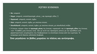 ΛΟΓΙΚΗ ΚΛΙΜΑΚΑ
• Ον: υπαρκτό
• Σώμα: υπαρκτό, εκτατό(προσεχές γένος ↓ και προσεχές είδος ↑)
• Οργανικό: υπαρκτό, εκτατό, έμβιο
• Ζώο: υπαρκτό, εκτατό, έμβιο, με εκούσια κίνηση
• Σπονδυλωτό: υπαρκτό, εκτατό, έμβιο, με εκούσια κίνηση, με σπονδυλική στήλη
• Η έννοια «σώμα» είναι το προσεχές γένος της έννοιας «οργανικό» και το προσεχές είδος της έννοιας
«ον». Το βάθος μιας έννοιας είναι ίδιο με αυτό του προσεχούς γένους με την προσθήκη ενός
χαρακτηριστικού γνωρίσματος που διαφοροποιεί τη στενότερη έννοια από την ευρύτερη. Το
γνώρισμα αυτό λέγεται ειδοποιός διαφορά.
Όσο μεγαλώνει το βάθος μικραίνει το πλάτος και αντίστροφα.
18
 