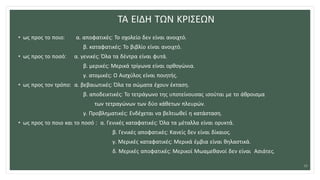 ΤΑ ΕΙΔΗ ΤΩΝ ΚΡΙΣΕΩΝ
• ως προς το ποιο: α. αποφατικές: Το σχολείο δεν είναι ανοιχτό.
β. καταφατικές: Το βιβλίο είναι ανοιχτό.
• ως προς το ποσό: α. γενικές: Όλα τα δέντρα είναι φυτά.
β. μερικές: Μερικά τρίγωνα είναι ορθογώνια.
γ. ατομικές: Ο Αισχύλος είναι ποιητής.
• ως προς τον τρόπο: α. βεβαιωτικές: Όλα τα σώματα έχουν έκταση.
β. αποδεικτικές: Το τετράγωνο της υποτείνουσας ισούται με το άθροισμα
των τετραγώνων των δύο κάθετων πλευρών.
γ. Προβληματικές: Ενδέχεται να βελτιωθεί η κατάσταση.
• ως προς το ποιο και το ποσό : α. Γενικές καταφατικές: Όλα τα μέταλλα είναι ορυκτά.
β. Γενικές αποφατικές: Κανείς δεν είναι δίκαιος.
γ. Μερικές καταφατικές: Μερικά έμβια είναι θηλαστικά.
δ. Μερικές αποφατικές: Μερικοί Μωαμεθανοί δεν είναι Ασιάτες.
22
 