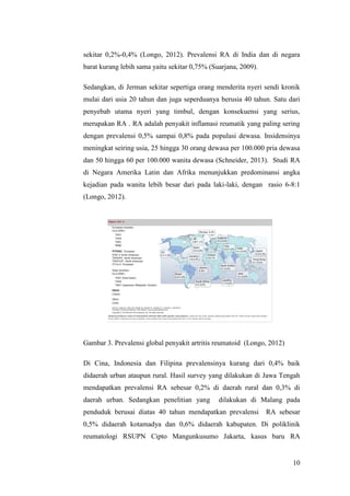 10
sekitar 0,2%-0,4% (Longo, 2012). Prevalensi RA di India dan di negara
barat kurang lebih sama yaitu sekitar 0,75% (Suarjana, 2009).
Sedangkan, di Jerman sekitar sepertiga orang menderita nyeri sendi kronik
mulai dari usia 20 tahun dan juga seperduanya berusia 40 tahun. Satu dari
penyebab utama nyeri yang timbul, dengan konsekuensi yang serius,
merupakan RA . RA adalah penyakit inflamasi reumatik yang paling sering
dengan prevalensi 0,5% sampai 0,8% pada populasi dewasa. Insidensinya
meningkat seiring usia, 25 hingga 30 orang dewasa per 100.000 pria dewasa
dan 50 hingga 60 per 100.000 wanita dewasa (Schneider, 2013). Studi RA
di Negara Amerika Latin dan Afrika menunjukkan predominansi angka
kejadian pada wanita lebih besar dari pada laki-laki, dengan rasio 6-8:1
(Longo, 2012).
Gambar 3. Prevalensi global penyakit artritis reumatoid (Longo, 2012)
Di Cina, Indonesia dan Filipina prevalensinya kurang dari 0,4% baik
didaerah urban ataupun rural. Hasil survey yang dilakukan di Jawa Tengah
mendapatkan prevalensi RA sebesar 0,2% di daerah rural dan 0,3% di
daerah urban. Sedangkan penelitian yang dilakukan di Malang pada
penduduk berusai diatas 40 tahun mendapatkan prevalensi RA sebesar
0,5% didaerah kotamadya dan 0,6% didaerah kabupaten. Di poliklinik
reumatologi RSUPN Cipto Mangunkusumo Jakarta, kasus baru RA
 