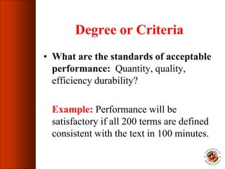 Degree or Criteria
• What are the standards of acceptable
performance: Quantity, quality,
efficiency durability?
Example: Performance will be
satisfactory if all 200 terms are defined
consistent with the text in 100 minutes.
 