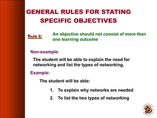 An objective should not consist of more than
one learning outcome
Non-example:
Example:
GENERAL RULES FOR STATING
SPECIFIC OBJECTIVES
Rule 6:
1. To explain why networks are needed
2. To list the two types of networking
The student will be able to explain the need for
networking and list the types of networking.
The student will be able:
54
 
