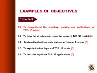 1.0 To comprehend the structure, working and applications of
TCP / IP model.
1.1 To draw the structure and name the layers of TCP / IP model (C)
1.2 To describe the three main features of Internet Protocol (C)
1.3 To explain the four layers of TCP / IP model (C)
1.4 To describe any three TCP / IP applications (C)
75
EXAMPLES OF OBJECTIVES
Example 3:
 