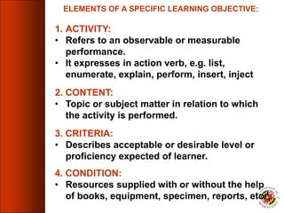 1. ACTIVITY:
• Refers to an observable or measurable
performance.
• It expresses in action verb, e.g. list,
enumerate, explain, perform, insert, inject
2. CONTENT:
• Topic or subject matter in relation to which
the activity is performed.
3. CRITERIA:
• Describes acceptable or desirable level or
proficiency expected of learner.
4. CONDITION:
• Resources supplied with or without the help
of books, equipment, specimen, reports, etc.
ELEMENTS OF A SPECIFIC LEARNING OBJECTIVE:
 