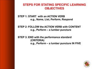 STEPS FOR STATING SPECIFIC LEARNING
OBJECTIVES
STEP 1: START with an ACTION VERB
e.g., Name, List, Perform, Respond
STEP 2: FOLLOW the ACTION VERB with CONTENT
e.g., Perform – a lumber puncture
STEP 3: END with the performance standard
(CRITERIA)
e.g., Perform – a lumber puncture IN FIVE
 