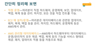 간단히 정리해 보면
• 직접 운영—여러분이 직접 하드웨어, 운영체제, 보안, 업데이트,
백업, 복제 등을 관리. 하지만, 모든 것을 직접 컨트롤 가능.
• EC2 에 설치/운영—여러분은 데이터베이스와 관련된 업데이트,
패치, 복제, 백업 등을 관리. 하지만, 하드웨어, 운영체제 등은
AWS에서 관리.
• AWS 관리형 데이터베이스—AWS에서 하드웨어부터 데이터베이스
운영/관리까지 모두 제공. 백업, 복제 등의 기능을 서비스 형태로
제공. 패치, 업데이트 적용 등을 자동으로 제공.
 