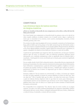 120
Programa curricular de Educación Inicial
COMPETENCIA
Lee diversos tipos de textos escritos
en lengua materna
¿Cómo se visualiza el desarrollo de esta competencia en los niños y niñas del nivel de
Educación Inicial?
En el nivel inicial, esta competencia se desarrolla desde los primeros años en la vida de los
niños cuando establecen su primer contacto con el mundo escrito: eligen y exploran los
textos que se encuentran en su entorno, como cuentos, enciclopedias, recetarios, revistas
infantiles, poemas, entre otros.
En un inicio, los niños ojean las páginas de los textos centrando su atención en las ilustraciones;
luego, piden al adulto que les lea, porque se han dado cuenta de que hay información escrita o
“leen” por sí mismos contando la historia con sus propias palabras. Progresivamente, identifican
en los textos algunas palabras conocidas y logran expresar las emociones que se generaron, su
agrado o desagrado con relación al texto leído por sí mismos o a través de un adulto.
A partir de las oportunidades que tengan los niños de escuchar leer y de leer por sí mismos
diversos tipos de textos, se acercarán a ellos con diferentes propósitos (disfrutar, buscar
información, etc.), realizarán anticipaciones sobre su significado antes de haberlos leído o
escuchado, o interrogarán los textos, movilizados por su interés, para construir el significado
de los mismos.
En ese sentido, desde el ciclo II de la educación inicial, se desarrollan diversas experiencias de
lectura que les permitan a los niños acercarse al sistema de escritura para obtener información,
hacer inferencias e interpretaciones a partir de información explícita e implícita en el texto
de manera que puedan construir el sentido del texto, y también para expresar sus gustos y
preferencias en relación con el mismo. Es importante que los niños se enfrenten a textos
reales y completos.
Entonces, hablar de “leer de manera no convencional”, se refiere a la lectura que realizan
los niños sin haber adquirido el sistema de escritura alfabética. Es decir, los niños que “leen
sin saber leer”. Ello es posible dado que los niños y las niñas leen textos por sí mismos
a partir de elaborar diversas hipótesis sobre lo que dicen los textos, pues relacionan sus
conocimientos previos con los elementos que reconocen en los textos: imágenes, indicios,
palabras, letras, entre otros. Es decir, no se espera que los niños terminen el inicial leyendo
de manera convencional.
En el desarrollo de la competencia “Lee diversos tipos de textos escritos en su lengua
materna”, los niños y las niñas combinan principalmente las siguientes capacidades: Obtiene
información del texto escrito, Infiere e interpreta información del texto escrito, y Reflexiona
y evalúa la forma, el contenido y contexto del texto escrito.
VI. Áreas curriculares
 