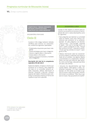 188
Programa curricular de Educación Inicial
Cuando el niño explora su entorno para co-
nocerlo y se encuentra en proceso al nivel es-
perado del ciclo II, realiza desempeños como
los siguientes:
• Hace preguntas que expresan su curiosidad
sobre los objetos, seres vivos, hechos o fe-
nómenos que acontecen en su ambiente.
Ejemplo: Un niño pregunta a la docente:
“¿Qué es eso?”. “Una hormiga”, responde
el adulto. “¿Por qué la hormiga entró a la
casa?”, vuelve a preguntar el niño. “Porque
hay comida en el piso”, responde el adulto.
“¿Y por qué hay comida en el piso?”, repre-
gunta el niño.
• Obtiene información sobre las característi-
cas de los objetos y materiales que explora a
través de sus sentidos. Usa algunos objetos
y herramientas en su exploración. Ejemplo:
Utiliza una lupa para observar algo peque-
ño, como una hormiga, y descubre que tiene
seis pata y dos antenas.
• Comunica los descubrimientos que hace
cuando explora. Utiliza gestos o señas, mo-
vimientos corporales o lo hace oralmente.
Ejemplo: Un niño señala con el dedo un gu-
sano en el piso y salta emocionado; mientras,
otro le dice a su profesora: “Mira, hay un gu-
sano en el piso. Hay que ponerlo en el jardín”.
DESEMPEÑOS 3 AÑOS
Cuando el niño indaga mediante métodos
científicos para construir sus conocimien-
tos, combina las siguientes capacidades:
•	Problematiza situaciones para hacer inda-
gación.
•	Diseña estrategias para hacer indagación.
•	Genera y registra datos o información.
•	Analiza datos e información.
•	Evalúa y comunica el proceso y resultado
de su indagación.
Descripción del nivel de la competencia
esperado al fin del ciclo II
Explora los objetos, el espacio y hechos que
acontecen en su entorno, hace preguntas
con base en su curiosidad, propone po-
sibles respuestas, obtiene información al
observar, manipular y describir; compara
aspectos del objeto o fenómeno para com-
probar la respuesta y expresa en forma oral
o gráfica lo que hizo y aprendió.
COMPETENCIA “INDAGA MEDIANTE
MÉTODOS CIENTÍFICOS PARA
CONSTRUIR SUS CONOCIMIENTOS”
DESEMPEÑOS POR EDAD
Ciclo II
33 Nos referimos a las explicaciones
y/o predicciones que pueden
realizar los niños y niñas.
VI. Áreas curriculares
 