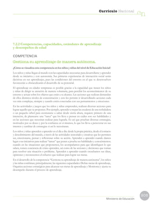 205
Currículo Nacional
cn
Ministerio de Educación
7.2.2 Competencias, capacidades, estándares de aprendizaje
y desempeños de edad
COMPETENCIA
Gestiona su aprendizaje de manera autónoma.
¿Cómo se visualiza esta competencia en los niños y niñas del nivel de Educación Inicial?
Los niños y niñas llegan al mundo con las capacidades necesarias para desarrollarse y aprender
desde su iniciativa y con autonomía. Sus primeras experiencias de interacción social serán
decisivas en sus aprendizajes, pues las condiciones del entorno en el que se desenvuelven
favorecerán u obstaculizarán el desarrollo de su potencial.
El aprendizaje en edades tempranas es posible gracias a la capacidad que tienen los niños
y niñas de dirigir su atención de manera voluntaria, para percibir los acontecimientos de su
entorno y actuar sobre los objetos que están a su alcance. Las acciones que realizan demandan
de ellos distintos niveles de concentración y esto les permite ir desarrollando acciones cada
vez más complejas, siempre y cuando estén conectadas con sus pensamientos y emociones.
En las actividades y juegos que los niños y niñas emprenden, realizan diversas acciones para
lograr aquello que se proponen. Por ejemplo, aprender a trepar las escaleras de una resbaladera
o un pequeño árbol para aventurarse a saltar desde cierta altura, requiere primero de una
intención, de plantearse una “tarea” que los lleva a pensar en cuáles son sus habilidades y
en las acciones que necesitan realizar para lograrla. Es así que prueban diversas estrategias,
motivados por su deseo y por la confianza en sí mismos, lo que los lleva a perseverar en sus
intentos y cambiar de estrategias si así lo necesitaran.
Los niños y niñas aprenden a aprender en el día a día: desde la propia práctica, desde el contacto
y descubrimiento del mundo, a través de las actividades sensoriales y creativas que les permiten
ser, emocionarse, pensar y reflexionar sobre su acción. Aprenden a aprender cuando damos
lugar a sus iniciativas para realizar “tareas” que ponen a prueba sus habilidades y conocimientos;
cuando en las situaciones que proponemos, los acompañamos para que identifiquen lo que
saben, tomen conciencia de cómo aprenden, así como de las acciones y decisiones que toman
para resolver una situación o problema. Aprenden a aprender cuando escuchamos sus ideas,
opiniones y reconocemos el esfuerzo que realizan para lograr sus metas.
En el desarrollo de la competencia “Gestiona su aprendizaje de manera autónoma”, los niños
y las niñas combinan, principalmente, las siguientes capacidades: Define metas de aprendizaje,
Organiza acciones estratégicas para alcanzar sus metas de aprendizaje y Monitorea y ajusta su
desempeño durante el proceso de aprendizaje.
 