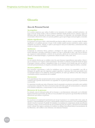 210
Programa curricular de Educación Inicial
Área de Personal Social:
Acompañar:
Es la acción respetuosa que realiza el adulto en los momentos de cuidado, actividad autónoma y de
juego, en la que otorga al niño o niña un ambiente facilitador donde pueda conocer, explorar y jugar con
diferentes tipos de materiales de manera segura y espontánea. Es responder a las necesidades afectivas,
emocionales y físicas de los niños con acciones, palabras y gestos que lo hagan sentir protegido y contenido.
Adulto significativo:
Es la persona con la que el niño o niña desarrolla una relación cálida, de afecto y en quien confía. El adulto
significativo es la primera persona a la que el niño acudirá cuando necesite contención, ayuda o quiera
compartir una emoción. Además, es quién se preocupa de velar por la salud física y emocional del niño,
conoce sus intereses y necesidades.
Ambiente:
Comprende los elementos físicos, químicos y biológicos de origen natural o antropogénico que, en
forma individual o asociada, conforman el medio en el que se desarrolla la vida, y que son los factores
que aseguran la salud individual y colectiva de las personas, además de la conservación de los recursos
naturales, la diversidad biológica y el patrimonio cultural asociado a ellos, entre otros.
Apego:
Es una relación afectiva que se establece entre dos seres humanos (especialmente entre padres e hijos) y
que se constituye en el “espacio vital de crecimiento” del infante. La función esencial del vínculo de apego
es proteger, contener, sostener y tranquilizar al niño en su contacto con el mundo, que, por ser nuevo y
renovado permanentemente, le despierta curiosidad, interés, pero también inquietud, alarma y ansiedad.
Asuntos públicos:
Son cuestiones concernientes a todos los ciudadanos; esto es, afectan a la comunidad y por ello se
distinguen de aquellos que solo importan a grupos específicos o personas. Son temas que pueden tener
un tremendo impacto en la calidad de vida de la población, de modo que deliberar sobre ellos enriquece
y profundiza nuestro conocimiento de la realidad.
Autonomía:
Es la capacidad que tiene una persona para actuar y tomar decisiones propias con un sentimiento íntimo de
confianza que le permite desenvolverse con seguridad. Es un proceso personal, gradual y en permanente
construcción.
Es importante recordar que tanto el bienestar como la autonomía son procesos personales, pero también
construcciones culturales. Por ello, la formación desde la IE debe partir del reconocimiento y valoración
de las distintas tradiciones y cosmovisiones en clave de interculturalidad.
Bienestar de la persona:
Se entiende como la realización plena del ser humano y está directamente relacionado con la felicidad.
Supone fomentar la autonomía, que debe ser el eje articulador de los procesos que desarrollan las distintas
dimensiones que definen a la persona.
Ciudadanía:
Es un proceso en construcción permanente por el que la persona se va constituyendo como sujeto de
derechos y responsabilidades, por el que va desarrollando sentido de pertenencia a una comunidad política
(desde lo local a lo nacional y lo global). El ciudadano y la ciudadana se comprometen, desde una reflexión
autónoma y crítica, con la construcción de una sociedad más justa, de respeto y valoración de la diversidad
social y cultural. Son capaces, asimismo, de establecer un diálogo intercultural desde el reconocimiento de
las diferencias y del conflicto como inherente a las relaciones humanas.
Glosario
 