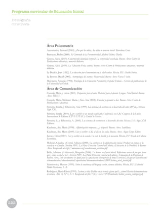 222
Programa curricular de Educación Inicial
Área Psicomotriz
Aucouturier, Bernard (2005). ¿Por qué los niños y las niñas se mueven tanto?. Barcelona: Grao.
Berruezo, Pedro (2000). El Contenido de la Psicomotricidad. Madrid: Miño y Dávila.
Grasso, Alicia (2005). Construyendo identidad corporal: La corporeidad escuchada. Buenos Aires: Centro de
Publicaciones educativas y material didáctico.
Grasso, Alicia (2009). La Educación Física cambia. Buenos Aires: Centro de Publicaciones educativas y material
didáctico.
Le Boulch, Jean (1992). La educación por el movimiento en la edad escolar. México, D.F.: Paidós Ibérica.
Le Betron, David (2002). Antropología del cuerpo y Modernidad. Buenos Aires: Nueva Visión.
Mesonero, Antonio (1994). Psicología de la Educación Psicomotriz. España: Ediuno – Servicio de publicaciones de
la Universidad de Oviedo.
Área de Comunicación
Castedo, Mirta, y otros (2001). Propuestas para el aula. Material para el docente. Lengua. Nivel Inicial. Buenos
Aires: MECT.
Castedo, Mirta, Molinari, María, y Siro, Ana (2008). Enseñar y aprender a leer. Buenos Aires: Centro de
Publicaciones Educativas.
Ferreiro, Emilia, y Teberosky, Ana (1999). Los sistemas de escritura en el desarrollo del niño (20° ed.). México:
Siglo XXI.
Ferreiro, Emilia (2000). Leer y escribir en un mundo cambiante. Conferencia en el 26.º Congreso de la Unión
Internacional de Editores (CINVESTAV). Ciudad de México.
Ferreiro, E., y Teberosky, A. (2005). Los sistemas de escritura en el desarrollo del niño. México, D.F.: Siglo XXI
Editores.
Kaufman, Ana María (1998). Alfabetización temprana... ¿y después?. Buenos Aires: Santillana.
Kaufman, Ana María (2009). Leer y escribir: el día al día en las aulas. Buenos Aires: Aique Grupo Editor.
Lerner, Delia (2001). Leer y escribir en la escuela. Lo real, lo posible y lo necesario. México, D.F: Fondo de Cultura
Económica.
Molinari, Claudia, y Corral, Adriana (2008). La escritura en la alfabetización inicial. Producir en grupos en la
escuela y en el jardín [Archivo PDF]. La Plata: Dirección General de Cultura y Educación de la Provincia de Buenos
Aires. Recuperado de http://www.waece.org/escuelaverano_escritura.pdf
Bello, Adriana, y Holzwarth, Margarita (2008). La lectura en el nivel inicial. Reflexiones acerca de por qué, para
qué y cómo enseñar a leer [Archivo PDF]. La Plata: Dirección General de Cultura y Educación de la Provincia de
Buenos Aires, Serie documentos de apoyo para la capacitación. Recuperado de http://servicios2.abc.gov.ar/lainstitucion/
sistemaeducativo/educacioninicial/capacitacion/documentoscirculares/2009/lectura_nivel_inicial.pdf
Nemirovsky, Myriam (1999). Sobre la enseñanza del lenguaje escrito y temas aledaños. México, D.F.: Editorial
Paidós Mexicana, S. A.
Rodríguez, María Elena (1995). Lectura y vida: Hablar en la escuela: ¿para qué?... ¿cómo? Revista latinoamericana
de lectura. Año 16, Nº 3, 3-11. Recuperado de file:///C:/Users/HP/Downloads/hablar_escuela_rodriguez.pdf
Bibliografía
consultada
 