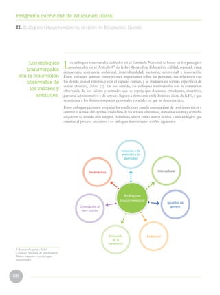 26
Programa curricular de Educación Inicial
Los enfoques transversales definidos en el Currículo Nacional se basan en los principios
establecidos en el Artículo 8° de la Ley General de Educación: calidad, equidad, ética,
democracia, conciencia ambiental, interculturalidad, inclusión, creatividad e innovación.
Estos enfoques aportan concepciones importantes sobre las personas, sus relaciones con
los demás, con el entorno y con el espacio común, y se traducen en formas específicas de
actuar (Minedu, 2016: 22). En ese sentido, los enfoques transversales son la concreción
observable de los valores y actitudes que se espera que docentes, estudiantes, directivos,
personal administrativo y de servicio lleguen a demostrar en la dinámica diaria de la IE, y que
se extienda a los distintos espacios personales y sociales en que se desenvuelven.
Estos enfoques permiten propiciar las condiciones para la construcción de posiciones éticas y
orientar el sentido del ejercicio ciudadano de los actores educativos, donde los valores y actitudes
adquieren su sentido más integral. Asimismo, sirven como marco teórico y metodológico que
orientan el proceso educativo. Los enfoques transversales3
son los siguientes:
3 Revisar el capítulo II del
Currículo Nacional de la Educación
Básica, respecto a los enfoques
transversales.
Los enfoques
transversales
son la concreción
observable de
los valores y
actitudes.
II. Enfoques transversales en el nivel de Educación Inicial
Enfoques
transversales
Inclusivo o de
atención a la
diversidad
Búsqueda
de la
excelencia
Ambiental
Igualdad de
género
InterculturalDe derechos
Orientación al
bien común
 