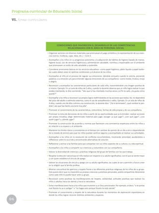 94
Programa curricular de Educación Inicial
CONDICIONES QUE FAVORECEN EL DESARROLLO DE LAS COMPETENCIAS
RELACIONADAS CON EL ÁREA DE PERSONAL SOCIAL
•	Organizar sectores con diversos materiales que promuevan el juego simbólico y la representación de sus viven-
cias (carros, muñecas, cajas, telas, etc.) – Ciclo II.
•	Acompañar a los niños en su progresiva autonomía y la adquisición de hábitos de higiene (lavado de manos,
higiene bucal, uso de servicios higiénicos) y alimentación saludable, nutritiva y responsable con el ambiente
que promueven un estilo de vida saludable y sostenible.
•	Considerar provisiones básicas en los servicios educativos –como papel higiénico, jabón líquido y papel toalla–
las cuales deben estar en óptimas condiciones y al alcance de los niños.
•	Acompañar al niño en el proceso de regular sus emociones: dándole consuelo cuando lo solicita, poniendo
palabras a su emoción y/o para entender algunas emociones de sus compañeros –como miedo, tristeza, enojo
o alegría.
•	Reconocer y acompañar las características particulares de cada niño, transmitiéndole una imagen positiva de
sí mismo. Ejemplo: En un aula de niños de 5 años, cuando la docente observa que un niño logra realizar lo que
estaba intentando, le dice sonriendo: “Veo que lo has intentado muchas veces y al fin te salió, ¿te gusta cómo
quedó?”.
•	Acompañar a los niños a reconocer sus propios logros reafirmándolos en las acciones que realiza. Así, no dependerá
del juicio del adulto o estímulos externos, como el uso de autoadhesivos o sellos. Ejemplo: En un aula de niños de
4 años, cuando uno de ellos culmina una construcción, la docente dice: “¿Ya lo terminaste?, ¿qué nombre le pon-
drás?, veo que has hecho una torre muy alta”.
•	Promover el conocimiento de las características, costumbres, formas de vida propias y de sus compañeros.
•	Promover la toma de decisiones de los niños a partir de las oportunidades que se le brinden: realizar acciones
por propia iniciativa, elegir determinado material para jugar, escoger ¿a qué jugar?, ¿con qué jugar?, ¿con
quién jugar? y ¿dónde jugar?
•	Promover la construcción de acuerdos y normas que favorecen una convivencia respetuosa entre los niños y
en relación a su espacio y el ambiente.
•	Mantener los límites claros y consistentes en el tiempo (sin cambiar de opinión de un día a otro o dependiendo
de tu estado de ánimo) para que los niños puedan sentirse seguros y acompañados al realizar sus actividades.
•	Acompañar a los niños en la resolución de conflictos escuchándolos, mostrando serenidad, ayudándolos a
reflexionar sobre lo ocurrido y encontrando alternativas de solución.
•	Reflexionar y animar a las familias para que compartan con sus niños aspectos de su cultura y su vida espiritual.
•	Acompañar a los niños a compartir sus creencias y costumbres con sus compañeros.
•	Valorar la diversidad de creencias y prácticas religiosas del grupo de familias con los que trabaja.
•	Respetar la elección natural que el niño realiza con respecto a su adulto significativo, con el que se siente mejor
y con quien establece el vínculo de apego.
•	Valorar las situaciones de vínculo y apego con su adulto significativo, las cuales le van a permitir a futuro creer
en la religión que la familia profesa.
•	Mostrar una actitud de apertura y respeto frente a las diferentes prácticas religiosas de los niños de su grupo.
Esto quiere decir que no impondrá sus propias creencias y prácticas personales, podrá compartirlas libremente
como cada niño lo puede hacer ante su grupo.
•	Reconocer como positivas las manifestaciones de respeto, solidaridad, actitudes positivas que realizan los
niños o adultos hacia los demás y hacia la naturaleza.
•	Evitar manifestaciones hacia a los niños que muestren a un Dios sancionador. Por ejemplo, al decir, “si te portas
mal Diosito te va a castigar” o “no hagas esto porque Diosito te está viendo”
•	Promover el conocimiento y respeto de la naturaleza durante los momentos de exploración espontánea en
donde los niños logran recorrer distintos ambientes y espacios.
VI. Áreas curriculares
 