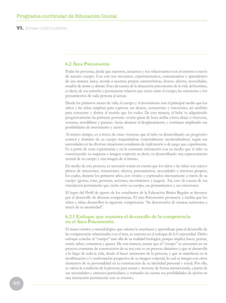 96
Programa curricular de Educación Inicial
6.2 Área Psicomotriz
Todas las personas, desde que nacemos, actuamos y nos relacionamos con el entorno a través
de nuestro cuerpo. Con este nos movemos, experimentamos, comunicamos y aprendemos
de una manera única, acorde a nuestras propias características, deseos, afectos, necesidades,
estados de ánimo y demás. Esto da cuenta de la dimensión psicomotriz de la vida del hombre;
es decir, de esa estrecha y permanente relación que existe entre el cuerpo, las emociones y los
pensamientos de cada persona al actuar.
Desde los primeros meses de vida, el cuerpo y el movimiento son el principal medio que los
niños y las niñas emplean para expresar sus deseos, sensaciones y emociones, así también
para conocerse y abrirse al mundo que los rodea. De esta manera, el bebé va adquiriendo
progresivamente las primeras posturas –como pasar de boca arriba a boca abajo o viceversa,
sentarse, arrodillarse y pararse– hasta alcanzar el desplazamiento y continuar ampliando sus
posibilidades de movimiento y acción.
Al mismo tiempo, es a través de estas vivencias que el niño va desarrollando un progresivo
control y dominio de su cuerpo reajustándose corporalmente (acomodándose) según sus
necesidades en las diversas situaciones cotidianas de exploración o de juego que experimenta.
Es a partir de estas experiencias y en la constante interacción con su medio que el niño va
construyendo su esquema e imagen corporal; es decir, va desarrollando una representación
mental de su cuerpo y una imagen de sí mismo.
En medio de este proceso, es necesario tomar en cuenta que los niños y las niñas son sujetos
plenos de emociones, sensaciones, afectos, pensamientos, necesidades e intereses propios,
los cuales, durante los primeros años, son vividos y expresados intensamente a través de su
cuerpo (gestos, tono, posturas, acciones, movimientos y juegos). Así, esto da cuenta de esa
vinculación permanente que existe entre su cuerpo, sus pensamientos y sus emociones.
El logro del Perfil de egreso de los estudiantes de la Educación Básica Regular se favorece
por el desarrollo de diversas competencias. El área Psicomotriz promueve y facilita que los
niños y niñas desarrollen la siguiente competencia: “Se desenvuelve de manera autónoma a
través de su motricidad”.
6.2.1 Enfoque que sustenta el desarrollo de la competencia
en el Área Psicomotriz.
El marco teórico y metodológico que orienta la enseñanza y aprendizaje para el desarrollo de
las competencias relacionadas con el área, se sustenta en el enfoque de la Corporeidad. Dicho
enfoque concibe al “cuerpo” más allá de su realidad biológica, porque implica hacer, pensar,
sentir, saber, comunicar y querer. De esta manera, asume que el “cuerpo” se encuentra en un
proceso constante de construcción de su ser; este es un proceso dinámico y que se desarrolla
a lo largo de toda la vida, desde el hacer autónomo de la persona, y que se manifiesta en la
modificación y/o reafirmación progresiva de su imagen corporal, la cual se integra con otros
elementos de su personalidad en la construcción de su identidad personal y social. Por ello,
se valora la condición de la persona para actuar y moverse de forma intencionada, a partir de
sus necesidades e intereses particulares, y tomando en cuenta sus posibilidades de acción en
una interacción permanente con su entorno.
VI. Áreas curriculares
 