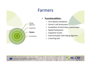 Farmers
• Functionalities:
o Farm details completion
o Farmer’s self assessment
o Completion of work diary, input/output
o Spatial Component
o Inspection results
Paying
Agencies
Inspectors
FarmersFarmers
o Inspection results
o Communication with Paying Agencies
o e-learning tool
FarmersFarmers
Consultants
 