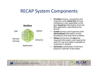 RECAP System Components
WorkflowWorkflow
SpatialSDK
• Provides farmers, consultants and
inspectors with check lists of Cross
Compliance rules applicable to the
farm based on information from the
BPS application submitted by the
farmer.
• Guides farmers and inspectors with
personalized information on the
procedures that they have to follow.
Extractor
Application
Remote
Sensing
personalized information on the
procedures that they have to follow.
• Allows the farmers to store the
required information and material for
each CC rule and make it available to
inspectors if needed.
• Generates notifications to farmers
based on calendar of key dates.
 
