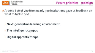 Future priorities - codesign
»Around 600 of you from nearly 300 institutions gave us feedback on
what to tackle next:
› Next-generation learning environment
› The intelligent campus
› Digital apprenticeships
14/03/2017 The year ahead 14
 