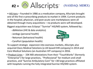 • HIS-tory – Founded in 1986 as a medication company, Allscripts brought
one of the first e-prescribing products to market in 1994. Current products
in the hospital, physician, and post-acute care marketplaces were all
obtained through many acquisitions – no products were self-developed.
Biggest acquisition was Eclipsys’ “Sunrise” HIS/MD system, followed by.:
- dbMotion (HIE & data analytics)
- Jardogs (personal health)
- Netsmart (behavioral health)
- CarePort (population health)
To support strategic expansion into overseas markets, Allscripts also
acquired Oasis Medical Solutions (a UK based EHR company) in 2014 and
Core Medical Solutions (an Australian HIT company) in 2016.
• Product Lines – 33K MD attestations from their “TouchWorks” (formerly
“Enterprise”) for large practices, “Professional” for medium and small
practices, and “Sunrise Ambulatory Care” for ≈30 large practices affiliated
with hospitals running the fully integrated Sunrise HIS/MD system.
#2 = (NASDAQ: MDRX)
 
