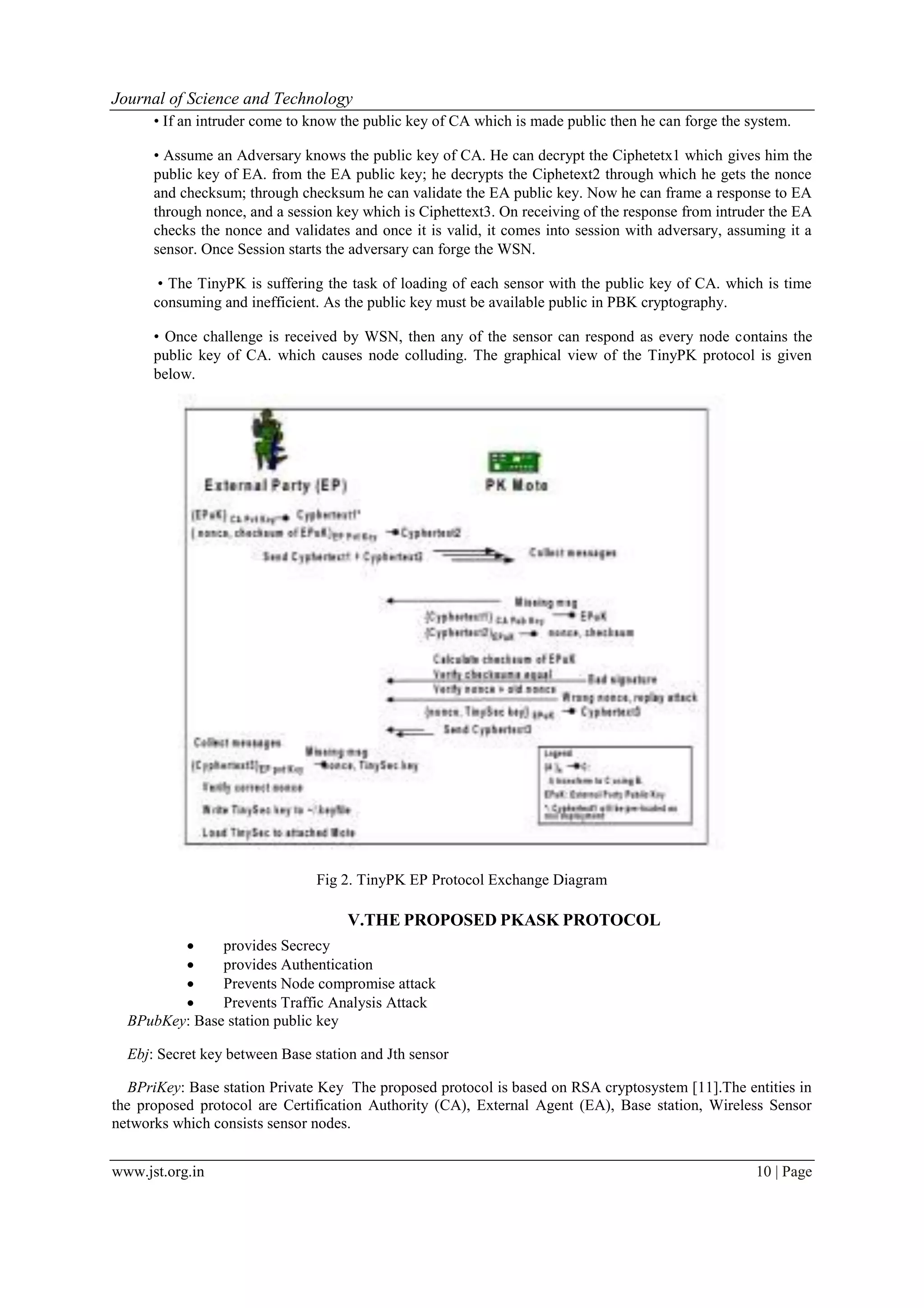 Journal of Science and Technology www.jst.org.in 10 | Page • If an intruder come to know the public key of CA which is made public then he can forge the system. • Assume an Adversary knows the public key of CA. He can decrypt the Ciphetetx1 which gives him the public key of EA. from the EA public key; he decrypts the Ciphetext2 through which he gets the nonce and checksum; through checksum he can validate the EA public key. Now he can frame a response to EA through nonce, and a session key which is Ciphettext3. On receiving of the response from intruder the EA checks the nonce and validates and once it is valid, it comes into session with adversary, assuming it a sensor. Once Session starts the adversary can forge the WSN. • The TinyPK is suffering the task of loading of each sensor with the public key of CA. which is time consuming and inefficient. As the public key must be available public in PBK cryptography. • Once challenge is received by WSN, then any of the sensor can respond as every node contains the public key of CA. which causes node colluding. The graphical view of the TinyPK protocol is given below. Fig 2. TinyPK EP Protocol Exchange Diagram V.THE PROPOSED PKASK PROTOCOL  provides Secrecy  provides Authentication  Prevents Node compromise attack  Prevents Traffic Analysis Attack BPubKey: Base station public key Ebj: Secret key between Base station and Jth sensor BPriKey: Base station Private Key The proposed protocol is based on RSA cryptosystem [11].The entities in the proposed protocol are Certification Authority (CA), External Agent (EA), Base station, Wireless Sensor networks which consists sensor nodes. 