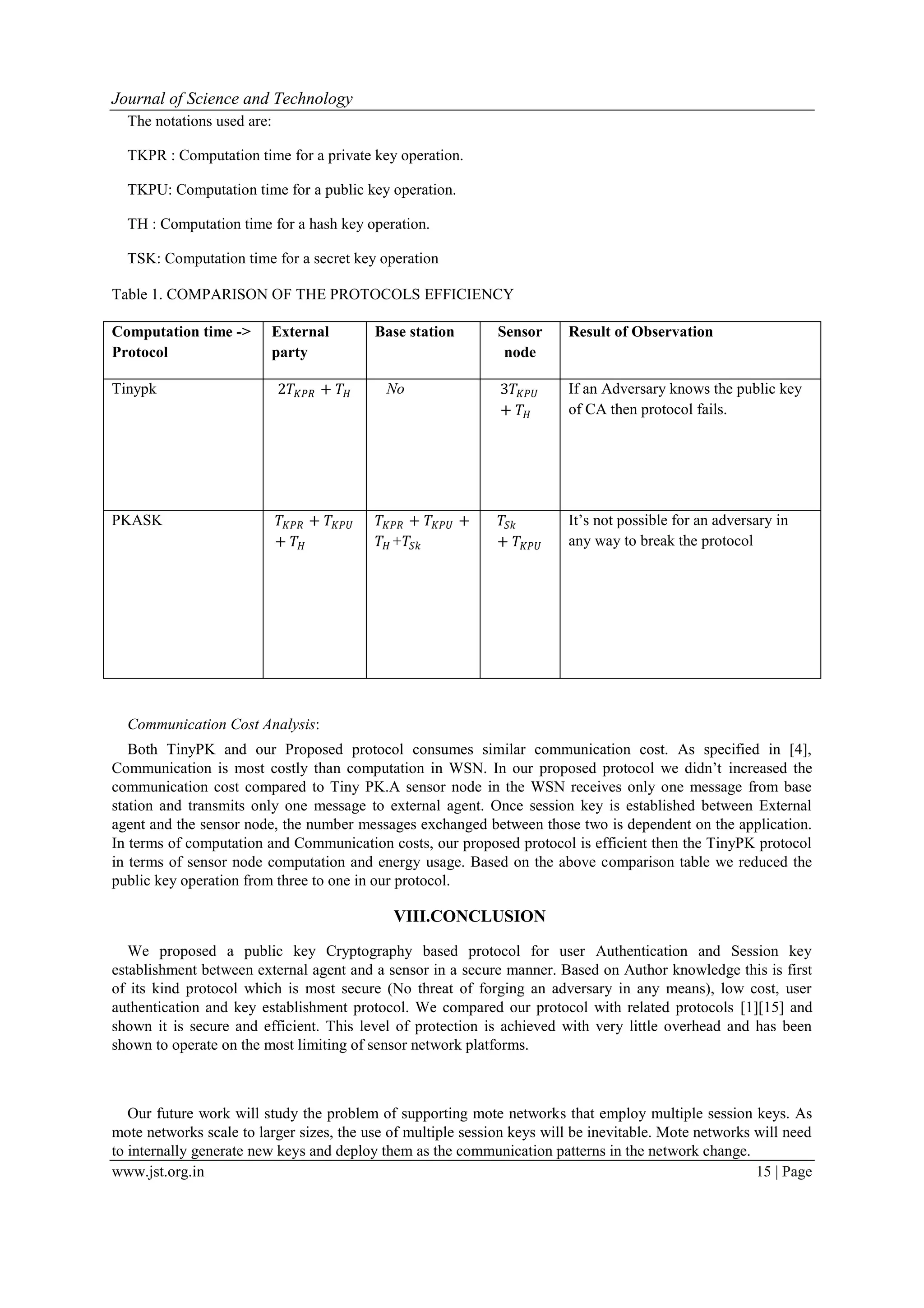 Journal of Science and Technology www.jst.org.in 15 | Page The notations used are: TKPR : Computation time for a private key operation. TKPU: Computation time for a public key operation. TH : Computation time for a hash key operation. TSK: Computation time for a secret key operation Table 1. COMPARISON OF THE PROTOCOLS EFFICIENCY Computation time -> Protocol External party Base station Sensor node Result of Observation Tinypk 2𝑇𝐾𝑃𝑅 + 𝑇𝐻 No 3𝑇𝐾𝑃𝑈 + 𝑇𝐻 If an Adversary knows the public key of CA then protocol fails. PKASK 𝑇𝐾𝑃𝑅 + 𝑇𝐾𝑃𝑈 + 𝑇𝐻 𝑇𝐾𝑃𝑅 + 𝑇𝐾𝑃𝑈 + 𝑇𝐻+𝑇𝑆𝑘 𝑇𝑆𝑘 + 𝑇𝐾𝑃𝑈 It’s not possible for an adversary in any way to break the protocol Communication Cost Analysis: Both TinyPK and our Proposed protocol consumes similar communication cost. As specified in [4], Communication is most costly than computation in WSN. In our proposed protocol we didn’t increased the communication cost compared to Tiny PK.A sensor node in the WSN receives only one message from base station and transmits only one message to external agent. Once session key is established between External agent and the sensor node, the number messages exchanged between those two is dependent on the application. In terms of computation and Communication costs, our proposed protocol is efficient then the TinyPK protocol in terms of sensor node computation and energy usage. Based on the above comparison table we reduced the public key operation from three to one in our protocol. VIII.CONCLUSION We proposed a public key Cryptography based protocol for user Authentication and Session key establishment between external agent and a sensor in a secure manner. Based on Author knowledge this is first of its kind protocol which is most secure (No threat of forging an adversary in any means), low cost, user authentication and key establishment protocol. We compared our protocol with related protocols [1][15] and shown it is secure and efficient. This level of protection is achieved with very little overhead and has been shown to operate on the most limiting of sensor network platforms. Our future work will study the problem of supporting mote networks that employ multiple session keys. As mote networks scale to larger sizes, the use of multiple session keys will be inevitable. Mote networks will need to internally generate new keys and deploy them as the communication patterns in the network change. 