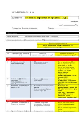 КАРТА ДЕЯТЕЛЬНОСТИ № 2.4.
Должность Помощник директора по продажам (ПДП)
Утверждена
«____» _______________20__
Руководитель: Директор по продажам. Подпись__________________
1. Целеполагание
Миссия должности Обеспечение качественного начисления ЗП филиалами
Главная цель должности Своевременная подготовка ЗП филиалов к начислению
2. Содержание деятельности
№ Ключевые задачи должности
(5-7)
Результаты
(что мы хотим видеть на выходе?)
Показатели активности
(как мы можем это измерить?)
I. КБП
II. ОБП
2.1 Проверка правильности
начисления ЗП по KPI
 ЗП начислена согласно
правилам компании
 Кол-во проверенных ЗП, шт
 Кол-во нарушения графика
начисления ЗП, штуки
 Кол-во нарушений сроков
получения проектов ЗП, ( до
четверга 9.00) штуки
 Кол-во вовремя
отправленных,
откорректированных ЗП (до
пятницы 14.00)
2.2 Контроль неэффективных
сотрудников ТК
(ТП/КАМ/СВ/ДФ)-отгрузка
(ниже D)
 Список неэффективных
сотрудников
 Кол-во выявленных
неэффектиных сотрудников
ТК (ТП/КАМ, СВ, ДФ) (ниже
D), чел.
2.3 Выполнение индивидуальных
заданий от ДП
 Задание выполнено качественно
и в срок
 Отчет о проделанной работе
защищен перед ДП
 Выполнены все
индивидуальные задания ДП,
ГД, АД качественно и в срок,
да/нет
 Сдан отчет о проделанной
работе ДП до 6 числа за
прошедший месяц
(качественно и в срок), да/нет
III.Организационная дисциплина
3.1 Соблюдение Распоряжений и
Приказов по компании
Поведение сотрудника
соответствует Приказам и
Распоряжениям компании
 Кол-во нарушений, штуках
 Сумма штрафных санкций,
тенге
Кол-во баллов по нарушениям,
баллы
3.2 Строгое соблюдение Графика Своевременное и качественное  Кол-во вовремя присланных
Показатель результативности
1. Кол-во проверенных, откорректированных ЗП
сотрудников филиалов, штуки
 