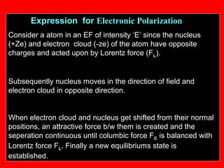 Expression for Electronic Polarization
Consider a atom in an EF of intensity ‘E’ since the nucleus
(+Ze) and electron cloud (-ze) of the atom have opposite
charges and acted upon by Lorentz force (FL).
Subsequently nucleus moves in the direction of field and
electron cloud in opposite direction.
When electron cloud and nucleus get shifted from their normal
positions, an attractive force b/w them is created and the
seperation continuous until columbic force FC is balanced with
Lorentz force FL, Finally a new equilibriums state is
established.
 