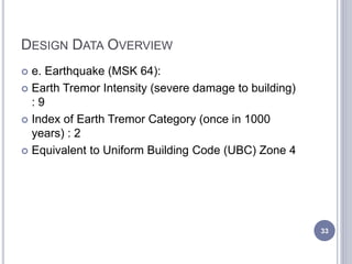 DESIGN DATA OVERVIEW
 e. Earthquake (MSK 64):
 Earth Tremor Intensity (severe damage to building)
: 9
 Index of Earth T...