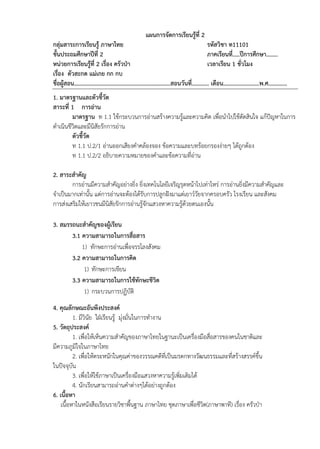 แผนการจัดการเรียนรู้ที่ 2
กลุ่มสาระการเรียนรู้ ภาษาไทย รหัสวิชา ท11101
ชั้นประถมศึกษาปีที่ 2 ภาคเรียนที่..…ปีการศึกษา……..
หน่วยการเรียนรู้ที่ 2 เรื่อง ครัวป่า เวลาเรียน 1 ชั่วโมง
เรื่อง ตัวสะกด แม่เกย กก กบ
ชื่อผู้สอน………………………………………………………….สอนวันที่………... เดือน…………………….พ.ศ.…………
1. มาตรฐานและตัวชี้วัด
สาระที่ 1 การอ่าน
มาตรฐาน ท 1.1 ใช้กระบวนการอ่านสร้างความรู้และความคิด เพื่อนาไปใช้ตัดสินใจ แก้ปัญหาในการ
ดาเนินชีวิตและมีนิสัยรักการอ่าน
ตัวชี้วัด
ท 1.1 ป.2/1 อ่านออกเสียงคาคล้องจอง ข้อความและบทร้อยกรองง่ายๆ ได้ถูกต้อง
ท 1.1 ป.2/2 อธิบายความหมายของคาและข้อความที่อ่าน
2. สาระสาคัญ
การอ่านมีความสาคัญอย่างยิ่ง ยิ่งเทคโนโลยีเจริญรุดหน้าไปเท่าไหร่ การอ่านยิ่งมีความสาคัญและ
จาเป็นมากเท่านั้น แต่การอ่านจะต้องได้รับการปลูกฝังมาแต่เยาว์วัยจากครอบครัว โรงเรียน และสังคม
การส่งเสริมให้เยาวชนมีนิสัยรักการอ่านรู้จักแสวงหาความรู้ด้วยตนเองนั้น
3. สมรรถนะสาคัญของผู้เรียน
3.1 ความสามารถในการสื่อสาร
1) ทักษะการอ่านเพื่อจรรโลงสังคม
3.2 ความสามารถในการคิด
1) ทักษะการเขียน
3.3 ความสามารถในการใช้ทักษะชีวิต
1) กระบวนการปฏิบัติ
4. คุณลักษณะอันพึงประสงค์
1. มีวินัย ใฝ่เรียนรู้ มุ่งมั่นในการทางาน
5. วัตถุประสงค์
1. เพื่อให้เห็นความสาคัญของภาษาไทยในฐานะเป็นเครื่องมือสื่อสารของคนในชาติและ
มีความภูมิใจในภาษาไทย
2. เพื่อให้ตระหนักในคุณค่าของวรรณคดีที่เป็นมรดกทางวัฒนธรรมและที่สร้างสรรค์ขึ้น
ในปัจจุบัน
3. เพื่อให้ใช้ภาษาเป็นเครื่องมือแสวงหาความรู้เพิ่มเติมได้
4. นักเรียนสามารถอ่านคาต่างๆได้อย่างถูกต้อง
6. เนื้อหา
เนื้อหาในหนังสือเรียนรายวิชาพื้นฐาน ภาษาไทย ชุดภาษาเพื่อชีวิต(ภาษาพาที) เรื่อง ครัวป่า
 