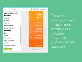Примеры
гарнитур Canva
и характеров,
которые они
придают
посланию
(кириллические
шрифты)
 