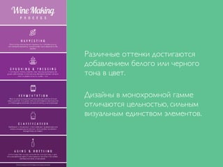 Различные оттенки достигаются
добавлением белого или черного
тона в цвет.
Дизайны в монохромной гамме
отличаются цельностью, сильным
визуальным единством элементов.
 