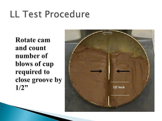 Rotate cam
and count
number of
blows of cup
required to
close groove by
1/2”
 
