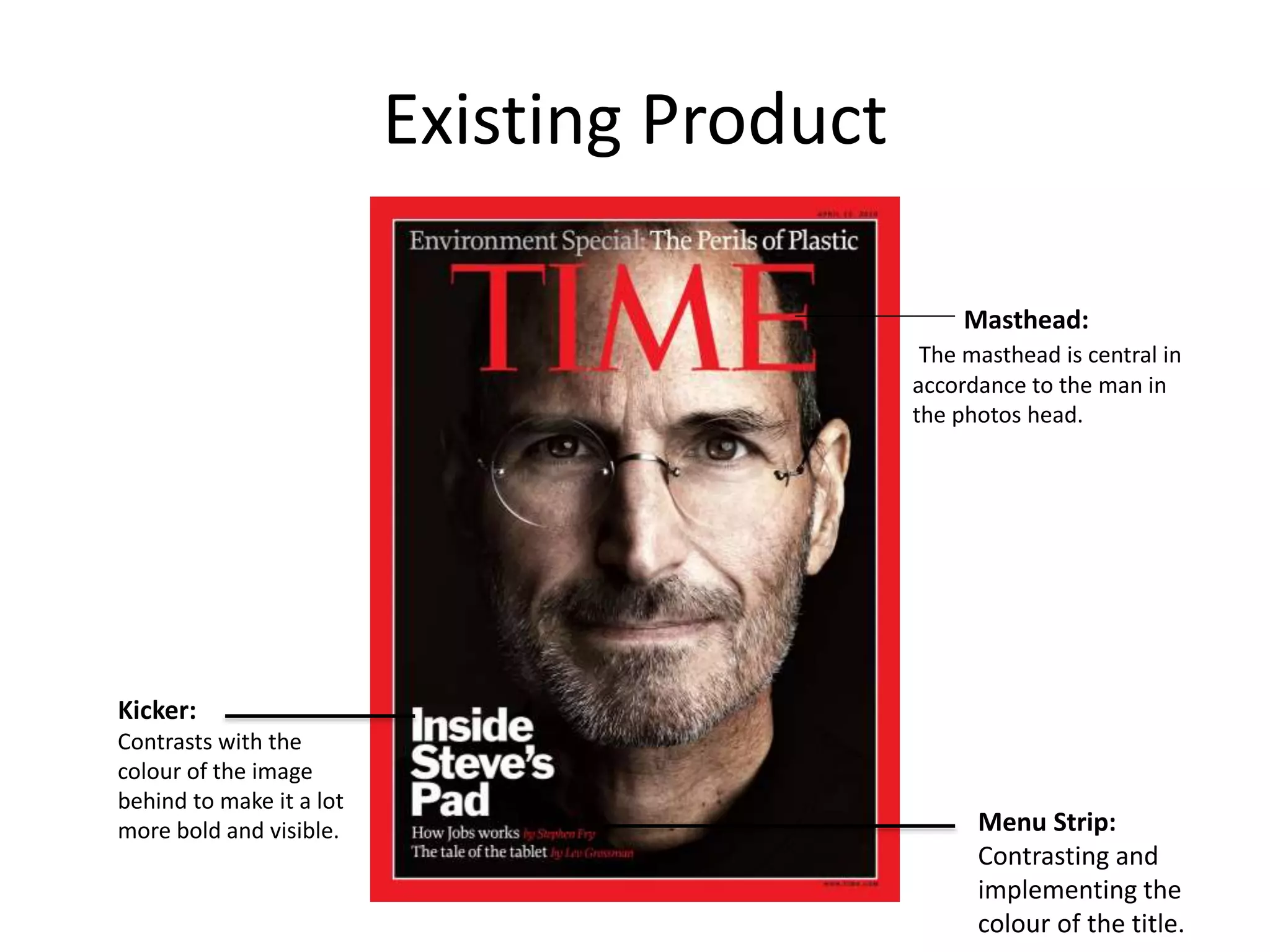 Existing Product
Masthead:
The masthead is central in
accordance to the man in
the photos head.
Kicker:
Contrasts with the
colour of the image
behind to make it a lot
more bold and visible. Menu Strip:
Contrasting and
implementing the
colour of the title.
 