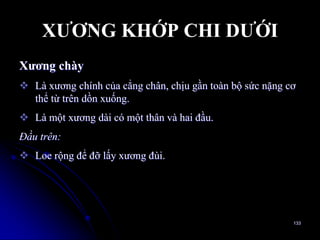 XƢƠNG KHỚP CHI DƢỚI
Xƣơng chày
 Là xƣơng chính của cẳng chân, chịu gần toàn bộ sức nặng cơ
thể từ trên dồn xuống.
 Là một xƣơng dài có một thân và hai đầu.
Ðầu trên:
 Loe rộng để đỡ lấy xƣơng đùi.
133
 
